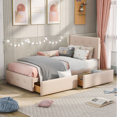 Letto imbottito classico 90x200 cm in velluto beige con rete a doghe e cassetto (1/5)