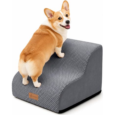 Escalier pour Chien et Chat à 2 Marches en Mousse Haute Densité Antidérapante Déhoussable Lavable Rampe pour Chien Accès Canapé Lit pour Animaux Âgés ou Blessés avec Poignée Gris (1/5)