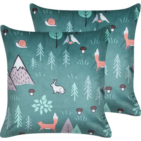 Conjunto de 2 cojines decorativos de terciopelo para niños con funda extraíble y cremallera incorporada motivo bosque estampado de animales verde menta Foothill (1/5)