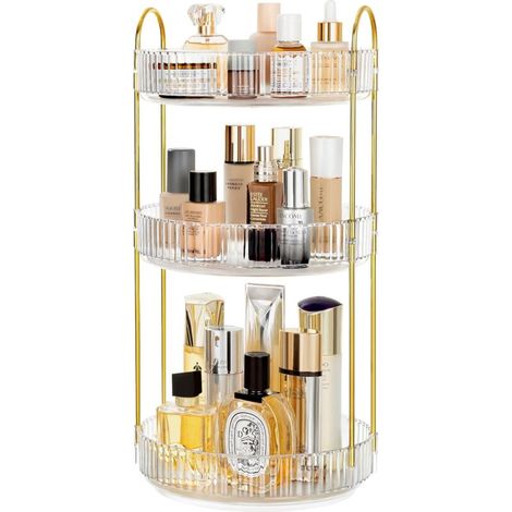 Étagère de rangement cosmétique rotative à 360°, étagère de rangement cosmétique à trois niveaux grande capacité, étagère de rangement pour produits de soin et parfums sur coiffeuse (1/5)