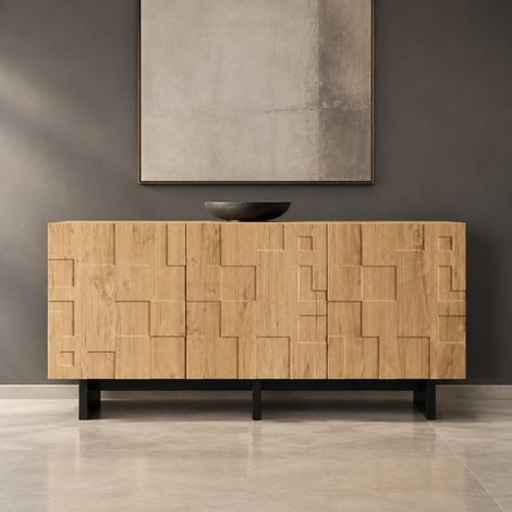 Buffet de rangement 3 portes, 5 compartiments, 140 x 40 x 70 cm, bois naturel OKMYHOME (1/5)