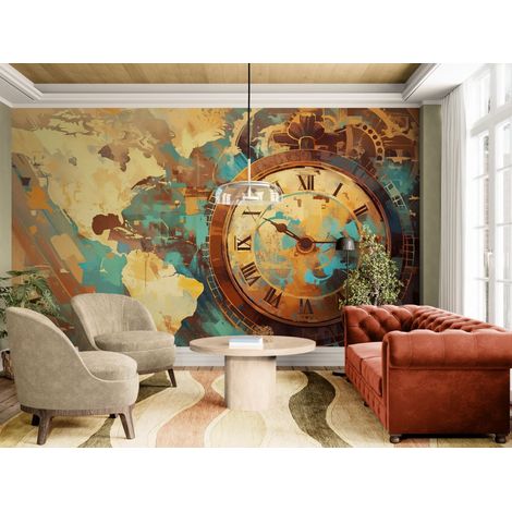 Papier peint Voyage – Carte du monde et horloge vintage - 150 x 250 cm (1/2)