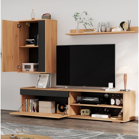 Meuble tv rangement salon mural bois noir 140 cm 3 pieces HAVRYA (1/5)
