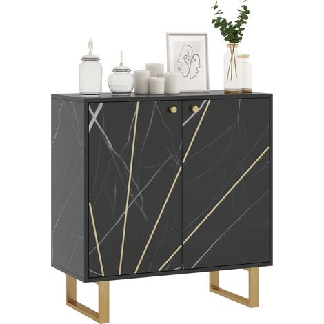Sideboard mit zwei Türen und verstellbarem Einlegeboden, Metallbeine, 76 x 35 x 77 cm, Oberfläche in schwarzem Marmor-Finish
