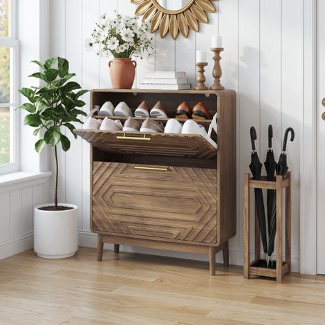 Meuble à chaussures en noyer de 60 cm de large, style mid-century – indépendant, 2 compartiments rabattables, pour une entrée, un couloir ou un (1/5)