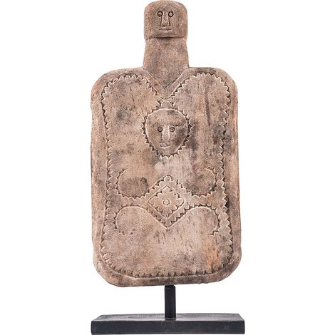 PANJI BIG - Statuette en Pierre Calcaire Naturelle avec Motif Visage Stylisé - Sculpture Ethnique - Dimensions 48cm - Finition Artisanale sur Pied Métal Noir - Décoration Intérieure et Extérieure (1/2)