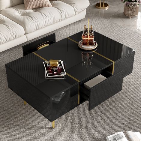 Table basse rectangle 100x60 cm, noir laqué brillant avec 2 tiroirs, table d'appoint de canapé , MDF et métal doré (1/5)