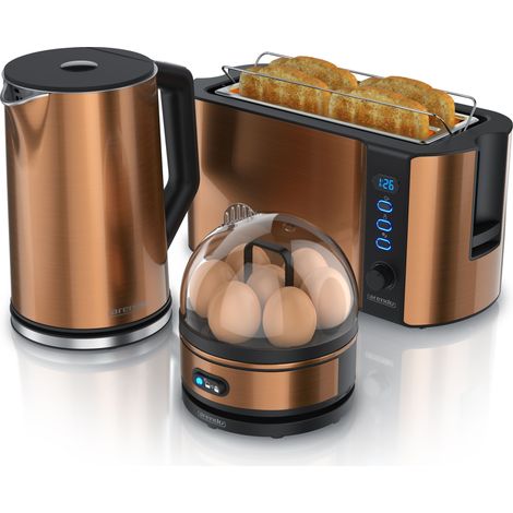 Arendo - Wasserkocher mit Toaster und Eierkocher SET Edelstahl Kupfer Wasserkocher 1,5L 40° - 100°C, Toaster 4 Scheiben LED-Display 6 Bräunungsgrade (1/5)
