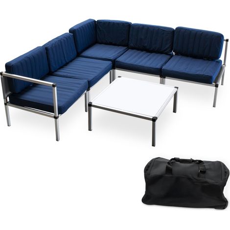 Aluminium Sitzgarnitur variabel aufstellbar tragbar mit Trolley - 6-teilig - Lounge Set aus 5 Sitzen + 1 Tisch mit aufblasbaren Kissen in blau
