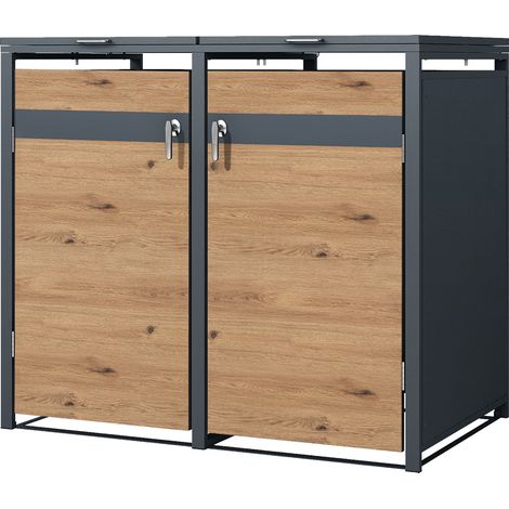 ML-Design Copribidone per Spazzatura per 2 Cestini 240L 132x80x116,3 cm Rovere Antracite Acciaio Copribidone per Spazzatura Resistente alle Intemperie Copri Bidone 2 Porte Contenitore per Pattumiera (1/5)