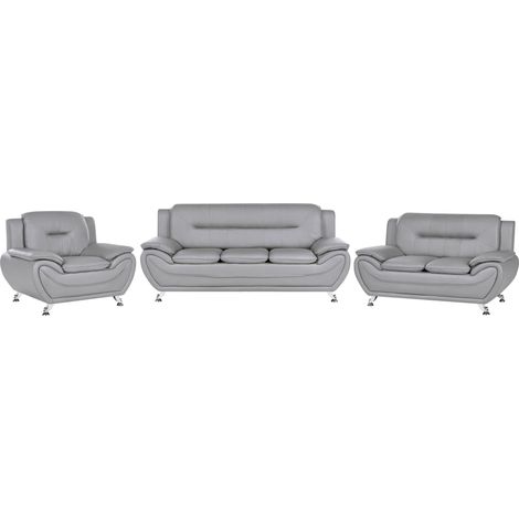 6 Seater Sofa Set Grey Vegan Eco Leather Sofa Couch Armchair Silver Metal Legs Easy Clean Modern Glam Style Living Room LEIRA (1/5)