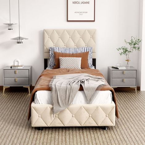Lit 90x190 cm en velours beige avec sommier à lattes HAVARY (1/5)