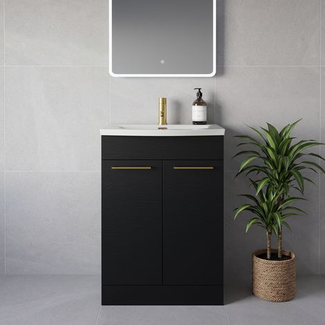 Napoli 390 Nero Oak 600mm 2 Door Vanity Unit with Arc Basin - 600mm - Brushed Brass 160mm Handle