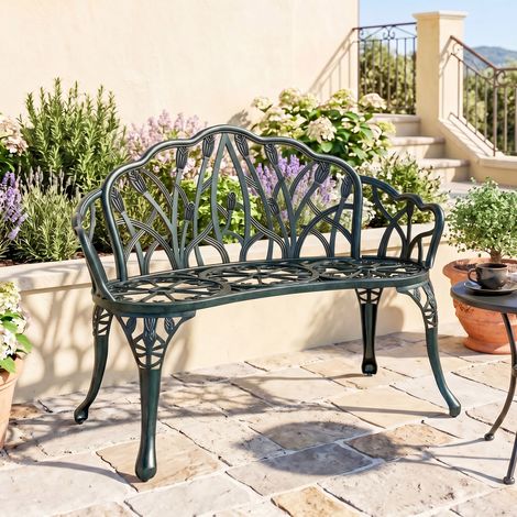 Banc extérieur 2 places en aluminium moulé, vert antique, avec dossier tulipe et assise décorative fleur, 99x57x78cm, mobilier de jardin robuste. (1/5)