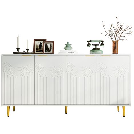 Buffet blanc 4 portes poignées dorées pieds lustrés 160×80×40 cm (1/5)