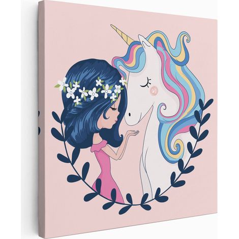 Tableau toile Enfants Carré - Fille et Licorne - 80x80 cm (1/2)