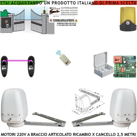 Cancello Elettrico 5 MT 2 Motori 220 V Braccio Articolato Automatismo  2 Ante Battenti da 0,5 Fino a 2,5 Metri Centrale CBR Radiocomando Fotocellule Selettore (1/4)