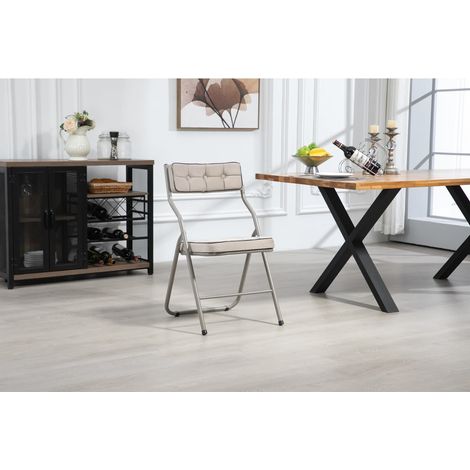 Lot de 2 chaises pliantes avec coussin beige, structure métal, pliables et légères pour cuisine ou réception (1/5)