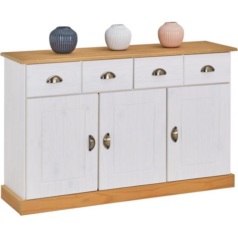 Idimex – Buffet Paris en pin massif lasuré blanc et brun – 2 tiroirs – 3 portes battantes avec étagères réglables – Dimensions 73 x 116 x 35 cm (1/4)