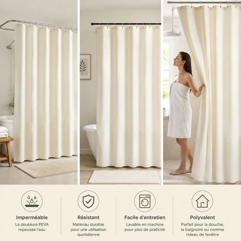 Rideau Douche 180 x 180 cm PEVA - Rideau de Salle de Bain Etanche Uni qui Bloque les Eclaboussures, Seche Vite, Lavable a la Main (1/4)