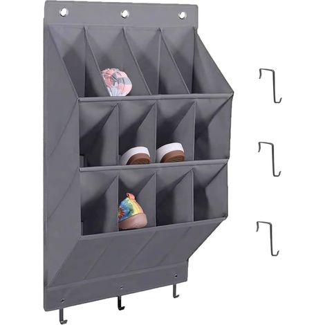 Rangement Chaussures Suspendu avec 12 Poches Profondes Et 6 Crochets, Porte Chaussures Mural, Organiseur, Noir Tissu en Lin,Rangement Camping Car pour Chaussures, Accessoires De Maison，Gris (1/5)