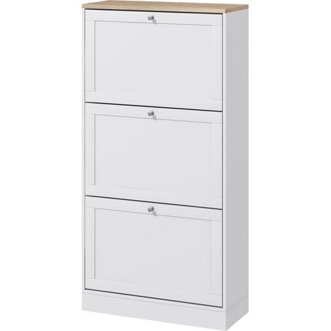 Skandinavischer Schuhschrank mit 3 Flügeltüren, Platz für 18 Paar Schuhe, weißes Holz, 60 x 23,5 x 115 cm