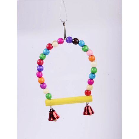 Perchoir en bois naturel pour perroquets, balançoire suspendue fiable à mâcher avec perles colorées et clochettes, adorable jouet pour animaux de compagnie