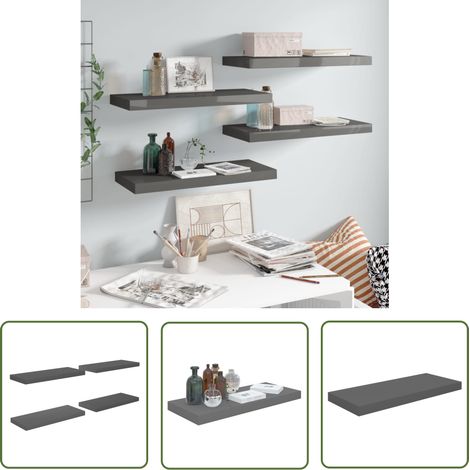 The Living Store Étagère murale flottante 4 pcs Gris brillant 60x23,5x3,8 cm MDF - Étagère Murale - Étagères Murales - Rangement Mural - Décoration Murale - Meuble Déco (1/5)