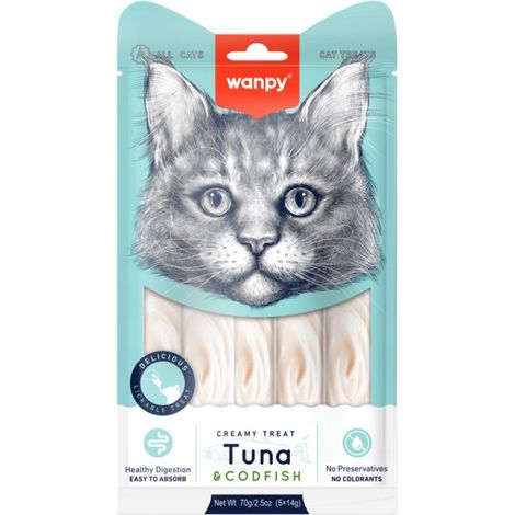 Wanpy Cat  Golosinas Cremosas  Snack cremoso con salsa para gatos 70 g - Atún y bacalao 5 x 14 g