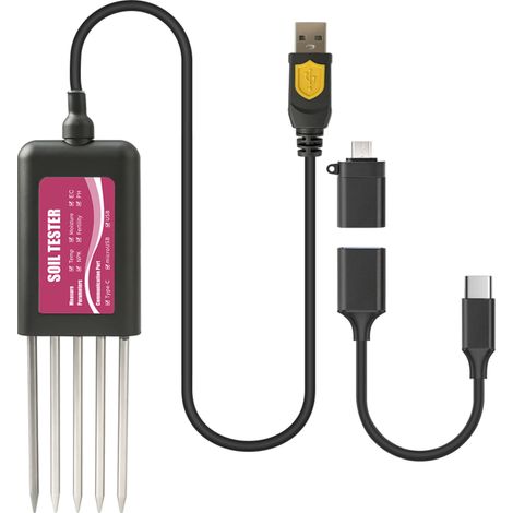 Analyseur de sol 8-en-1 Irovami - Sonde en acier inoxydable 316L, étanche IP68, mesure N/P/K, pH, EC, humidité, température, fertilité, données exportables