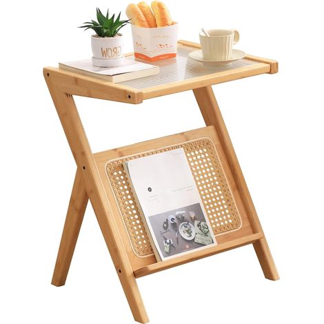 Table de chevet en bois et rotin avec plateau en verre, table d’appoint élégante avec rangement pour chambre, salon et décoration intérieure (1/5)