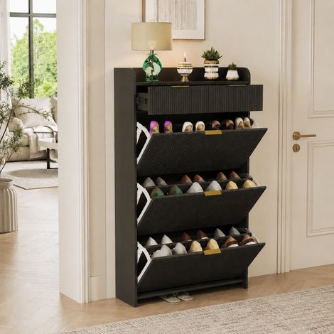 Meuble à chaussures 77×24×134cm,2 tiroirs et 3 portes abattantes,armoire à chaussures étroite,panneau ondulé,meuble à chaussures d'entré,grande capacité,poignées en métal,style moderne,MDF,Noir (1/5)