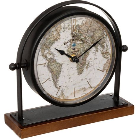 Retro-Tischuhr FLAVIA, Zifferblatt mit Weltkarte, H. 20 cm