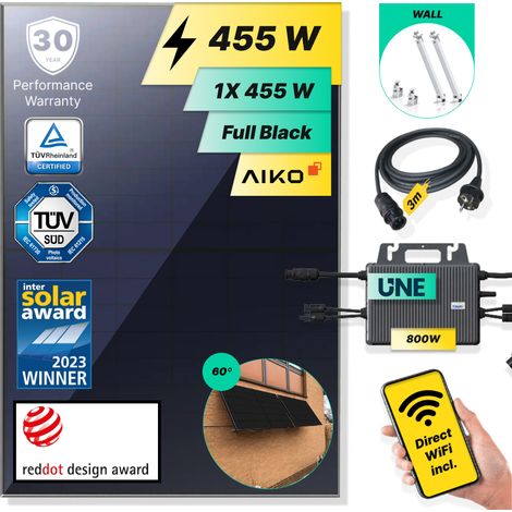 ROBINSUN®️ Kit Solar Enchufable Performance Wall 455Wp, 1 panel Aiko 455Wp + 1 Microinversor 800W con Wifi incluído + Cable 3m + 1 Fijación 10º-60º (1/5)