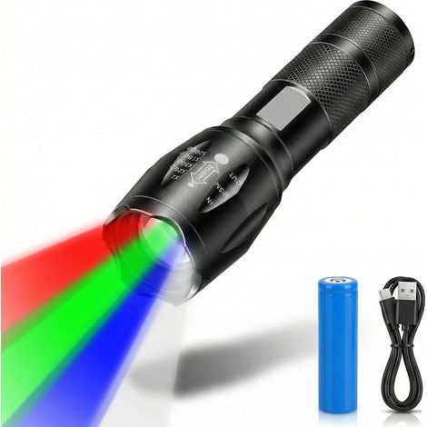 Lampe torche LED rechargeable 4 en 1 rouge, vert, bleu, blanc, super lumineuse, mise au point réglable, 4 modes d'éclairage, lampe de poche étanche pour urgence, pêche, camping, randonnée,
