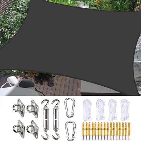 Voile d'ombrage abri contre la pluie rectangulaire 200 x 200 cm Noir, imperméable, bloque 95 % des UV, avec kit de fixation et corde (pour jardin) (1/5)