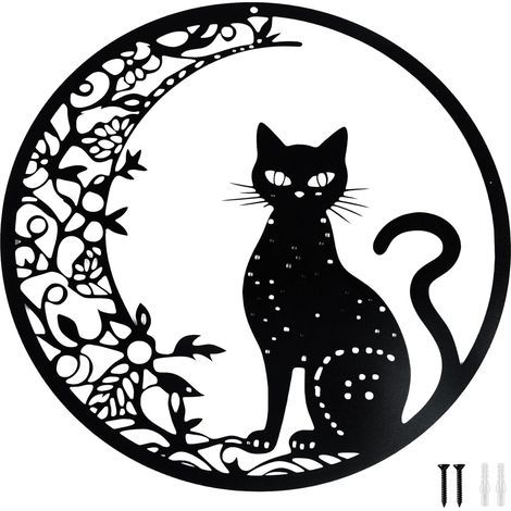 30 cm Decoration Murale Metal, Noir Lune et Chat Deco Murale Metal, Décoration Animaux Art Silhouette Convient Pour Les Salons, Chambres à Coucher, Bureaux Autres (1/5)