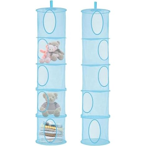 Lot de 2 organisateurs suspendus, sac de rangement en filet à 5 niveaux pour jouets et petits vêtements (bleu) (1/5)