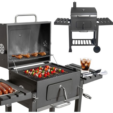 Grande barbecue da giardino a carbone con griglia e coperchio, cassetto raccogli cenere, termometro e apri-cartucce.