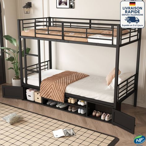 Modfu – Lit superposé 90x200cm en métal noir – Cadre robuste avec rangement – Échelle à 3 marches – Certifié EN747 pour sécurité enfant (1/5)