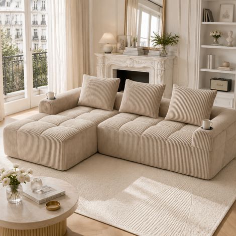 Seyakany Canapé modulable en U 6 places avec accoudoirs,canapé d'angle en L avec tabouret de rangement mobile,canapé convertible,velours côtelé(Gris) (1/5)