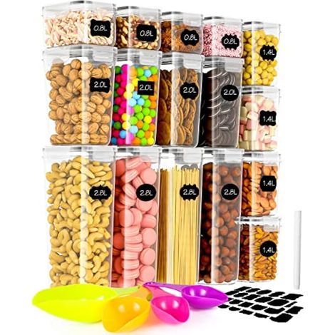Lot de 16 boîtes de rangement en plastique avec étiquettes et cuillères, contenants hermétiques pour céréales, pâtes, riz, farine, grains (2,8L, 2L, 1,6L, 0,8L) (1/4)