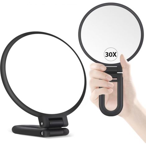 Noir Mat Miroir grossissant 30X avec poignée - Miroir de Maquillage à Double Face (1X/30X), Pliable & Portable pour Un Maquillage précis en déplacement (1/4)