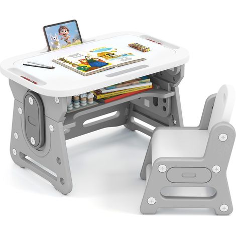 COSTWAY Set Tavolo e Sedia per Bambini 3+ Anni, Tavolo Regolabile in Altezza con Lavagna Inclinabile, Sedia Ergonomica, Supporto per Libri e Ripiano Concavo, per Disegnare e Leggere (Grigio) (1/5)