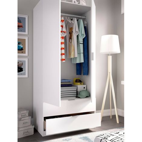 Dmora - Guardarropa Darest, Armario dormitorio con 2 puertas y 2 cajones, Muebles de dormitorio con perchero, 81x52h180 cm, Blanco (1/5)
