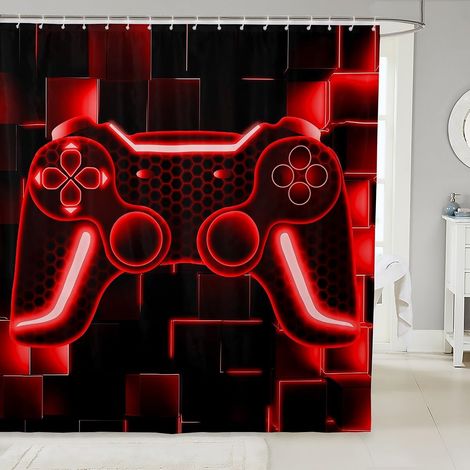 Jeux pour Enfants 180x200cm Rideau Douche Jeux Rideau de Douche Garçons Console de Jeux Rideau de Bain Contrôleur de Jeu Réversible Rideau de Baignoire Décoration de Maison,Cyan Noir Ombre Cellulaire (1/5)