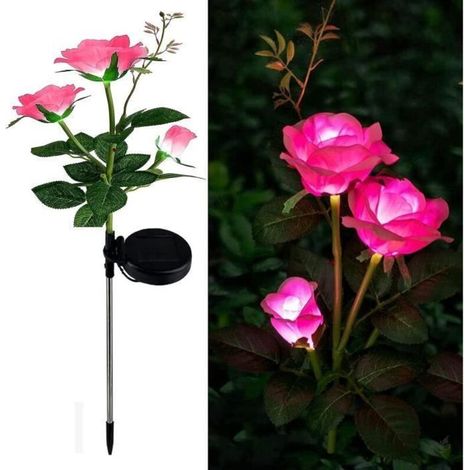 Bardusch - Lampe solaire led à 3 têtes en forme de rose, éclairage d'extérieur, décoration de jardin, pelouse, paysage, rose (1/4)