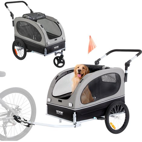 Remorque de Vélo Chien Pliable Charge 40 kg Poussette d'Animaux de Compagnie 2en1 Cadre Facile à Plier avec Roues à Dégagement Rapide, Coupleur de Vélo Universel, Réflecteurs, Drapeau, Noir/Gris (1/5)