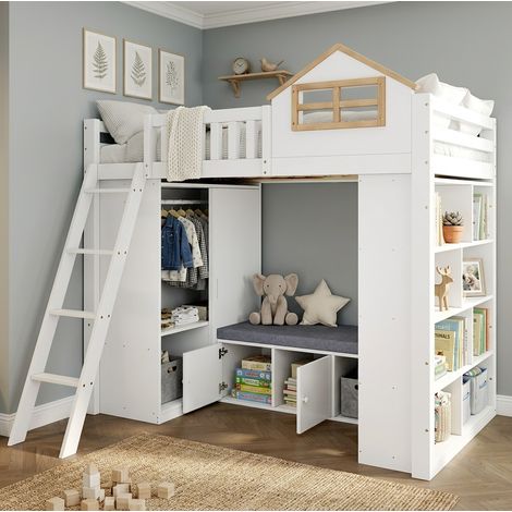 MODFU – Cama semi-alta tipo cabaña 90x200 cm de pino/MDF con armario, estantes, banco de almacenamiento, FSC, EN 747 y carga 120 kg – Blanco/natural (1/5)