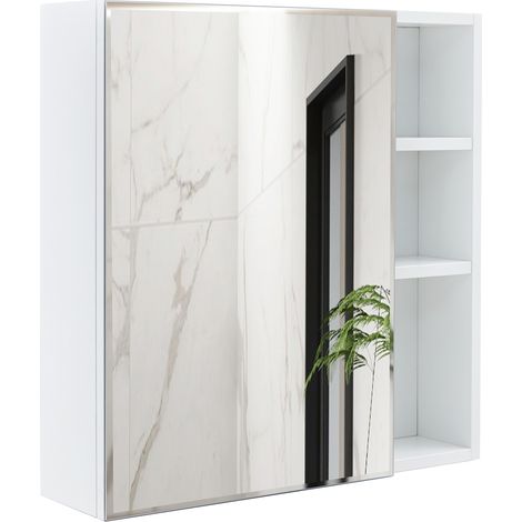 [Meuble miroir mural simple] 55 × 56 cm à fixer au mur, panneau HDF blanc + porte en verre miroir de sécurité, rangement compartimenté + miroir HD épaissi, idéal pour salle de bains / coin maquillage.